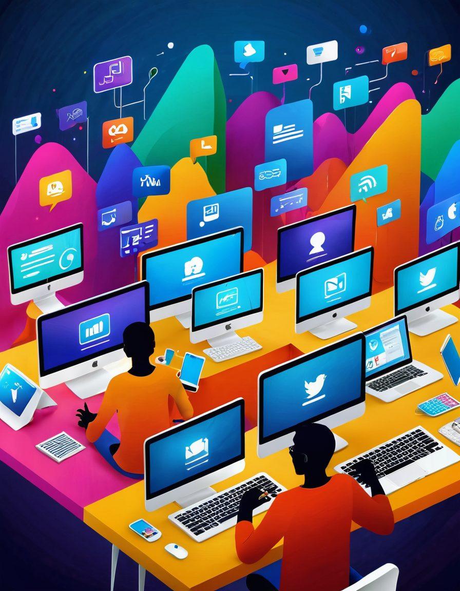 A creative digital landscape featuring a diverse group of people engaged in various online activities, such as blogging, social media, and website design. Each individual is using different digital devices with colorful screens, symbolizing a dynamic online community. Include elements like social media icons and a web page being constructed in the background. The overall atmosphere should convey energy and creativity. vibrant colors. 3D.