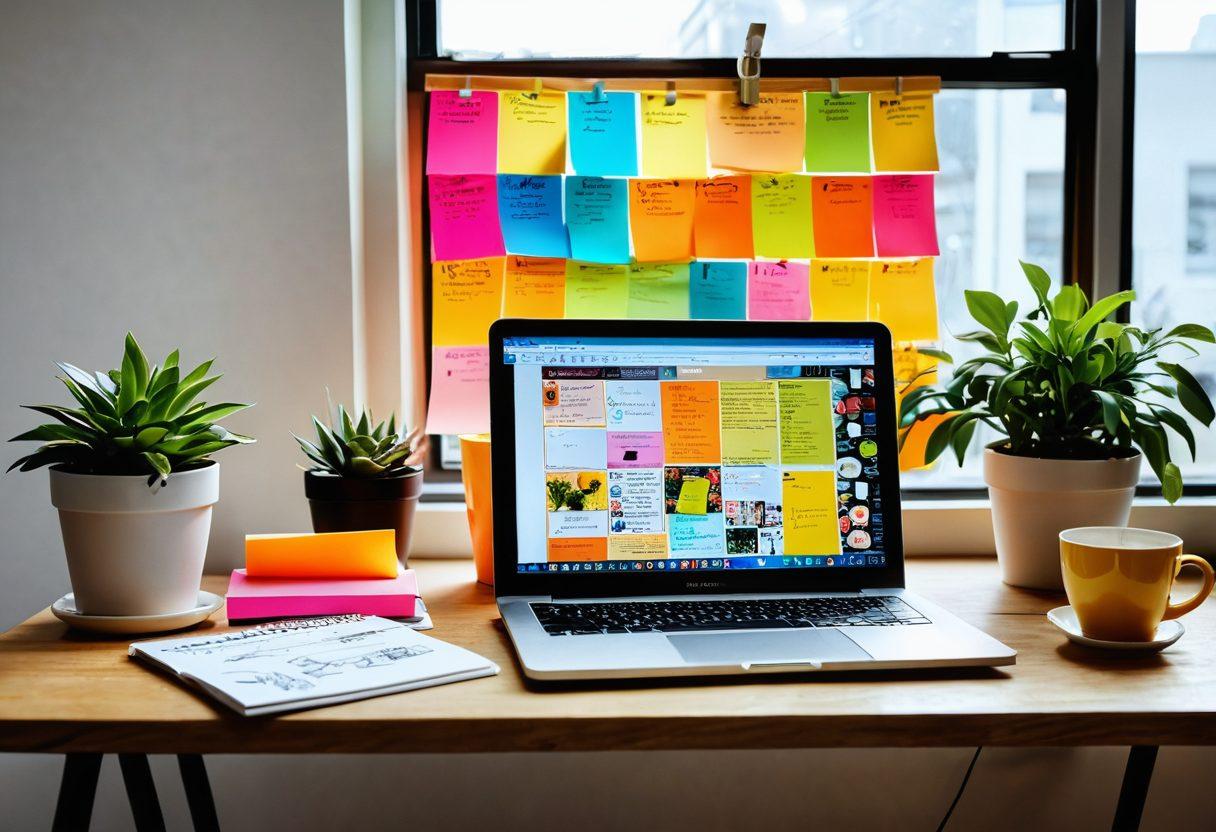 A beautifully designed workspace showcasing a laptop with a vibrant screen displaying a blog website, surrounded by colorful sticky notes and design sketches. A cup of coffee rests beside the laptop, with natural light streaming through a window filled with potted plants. The backdrop features motivational quotes about creativity and online presence, creating an inspiring ambiance. super-realistic. vibrant colors. cozy atmosphere.