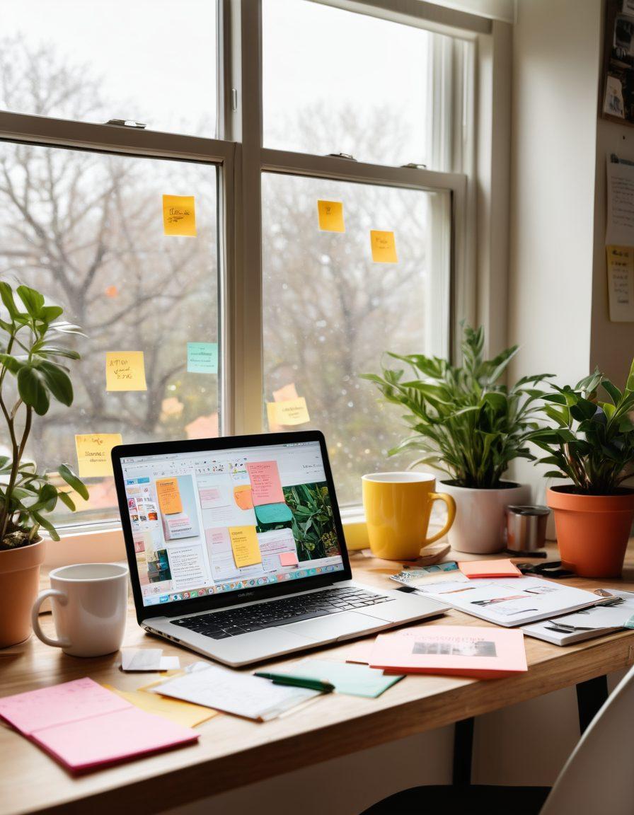 An inspiring workspace with a laptop displaying creative blog designs, scattered sketches of blog layouts, vibrant sticky notes with content ideas, a coffee mug, and a plant for a touch of life. The background features a large window letting in soft, natural light, symbolizing creativity and focus in the blogging process. super-realistic. vibrant colors. cozy atmosphere.